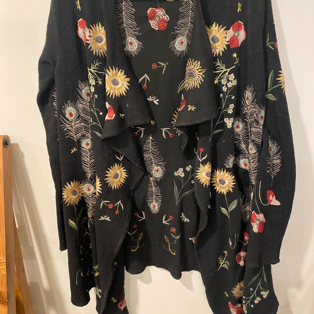 Johnny Was Black Cardigan with Floral Embroidery